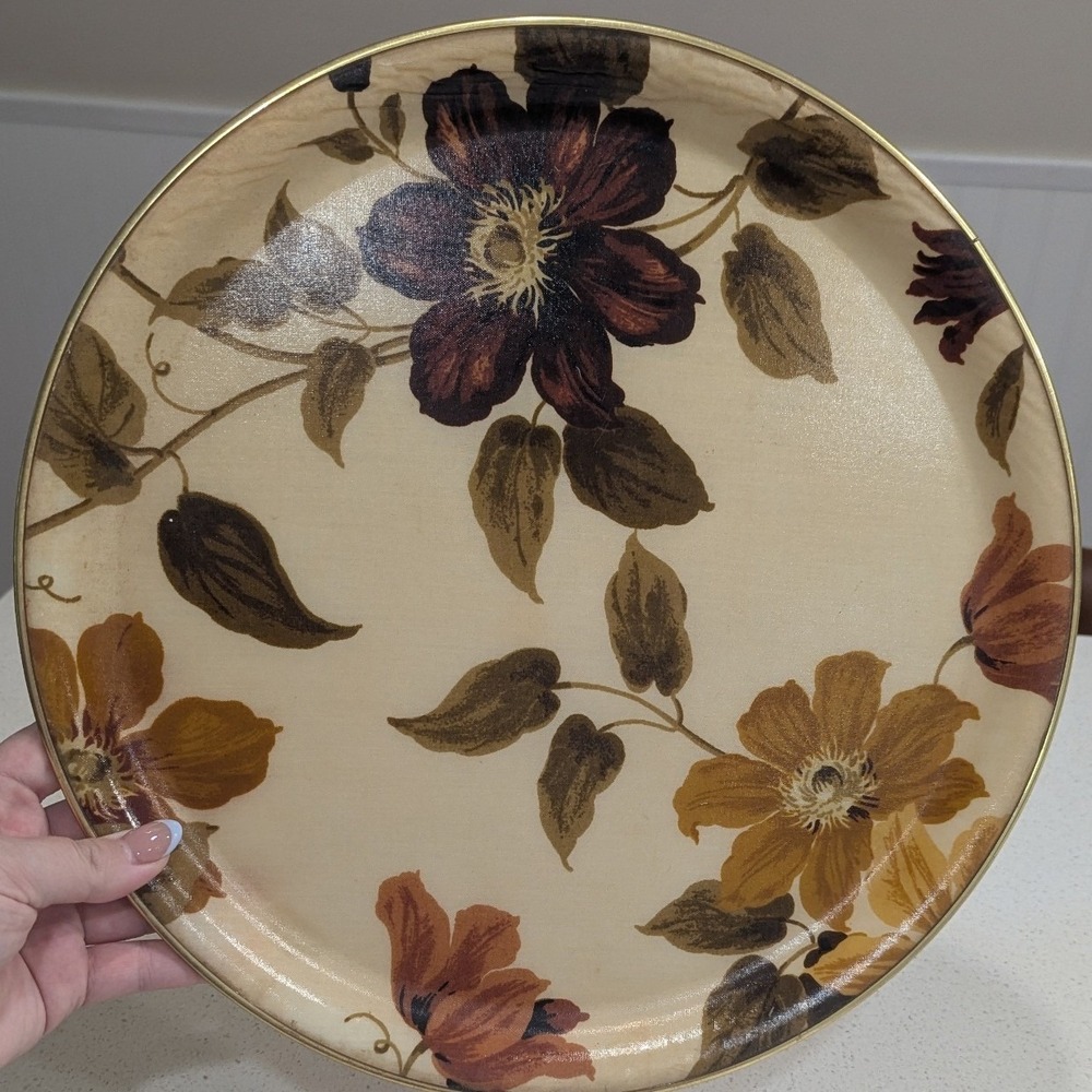 Vintage Serving Tray Gold Rim Floral Retro 70s Round MCM Boho Home Decor Fall